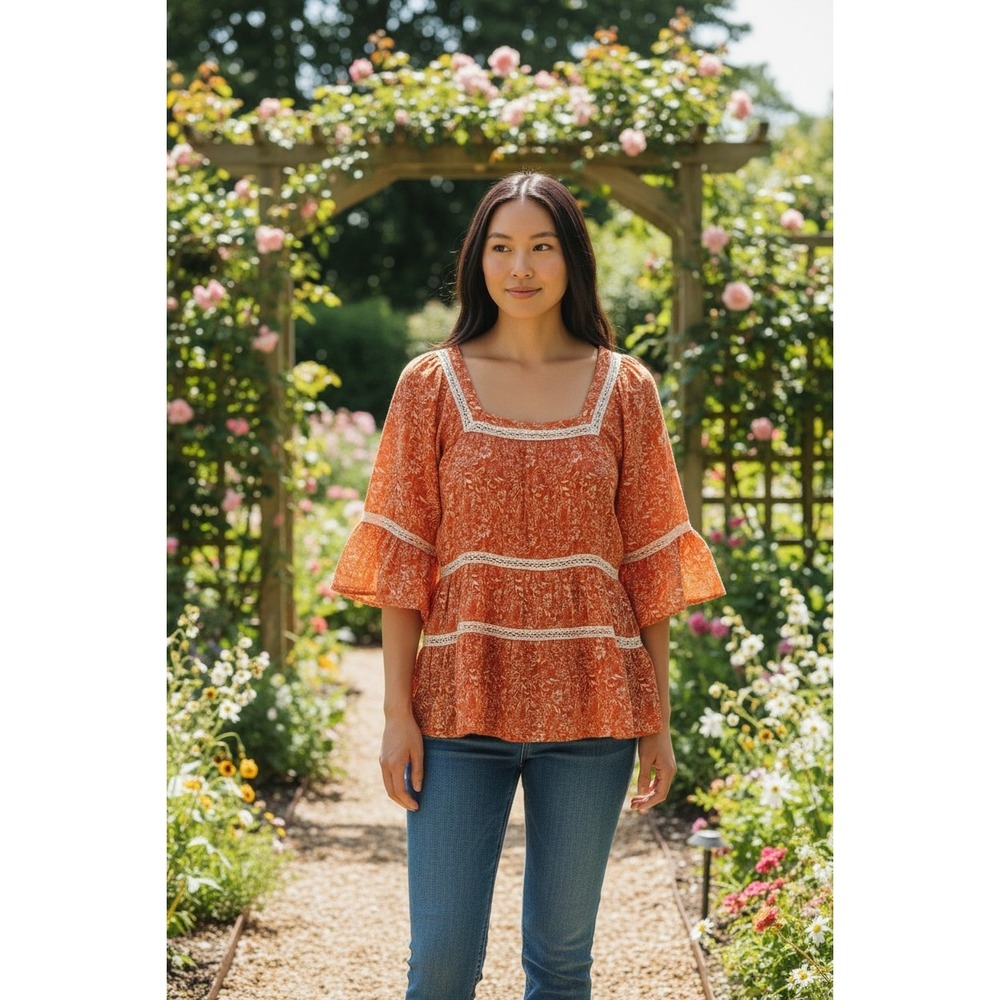 Free People Alana Lace Trim Peplum Top Size Small Boho Blouse Festival Cottage